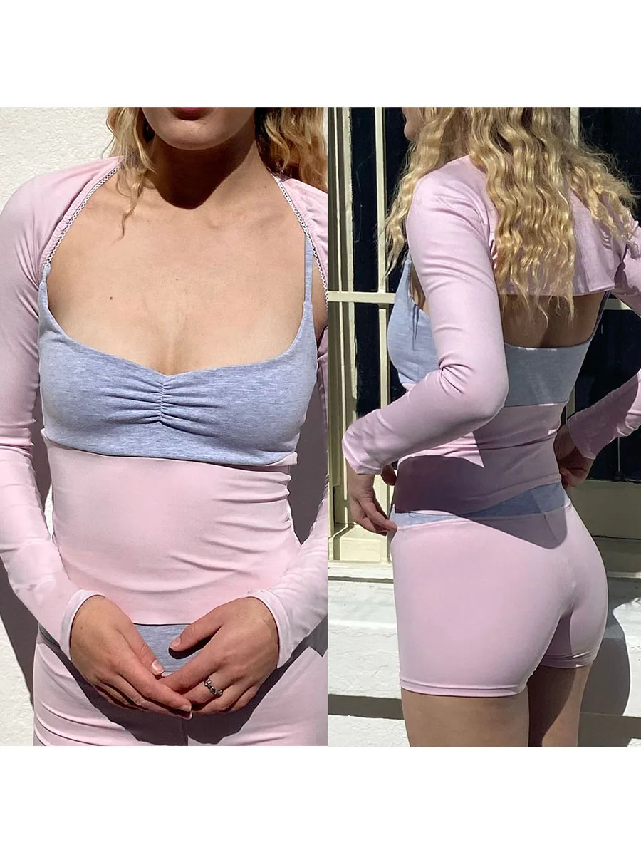 

Women s 3Pcs Outfits Y2K Summer Contrast Color Bandeau Going Out Crop Tops High Waist Shorts Long Sleeve Shrug Tops