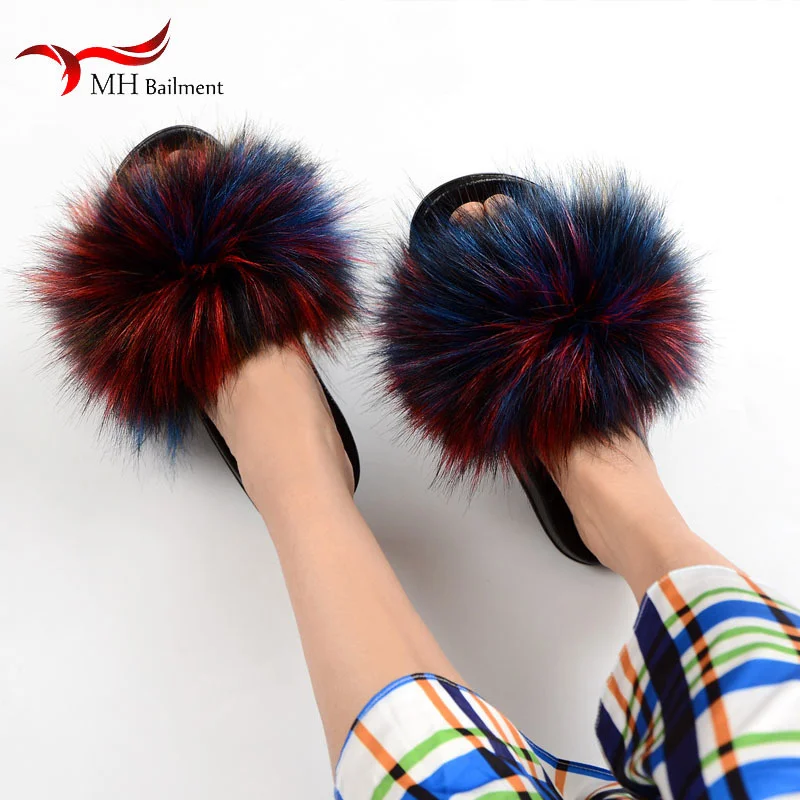 Fashion Summer Faux Fur Slippers Women Furry Slides Home Fluffy Flat House Floor Flip Flops Luxury Sandals Winter Warm Slippers