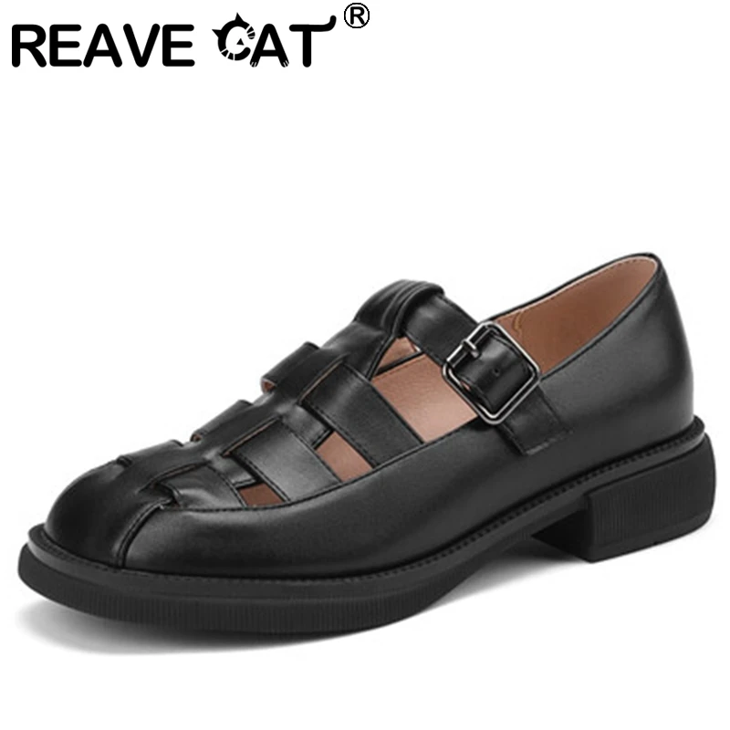 

Женские туфли на плоской подошве REAVE CAT, весенние однотонные туфли больших размеров 33-43 в стиле ретро с круглым носком и ремешком с пряжкой для отдыха, бежевого и черного цвета, S3434, 2022