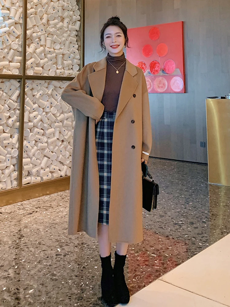

Women 2022 Spring Autumn Loose Long Wool Coat Jacket Female Elegant Woolen Overcoat Double Breasted Casual Warm Outerwear C03