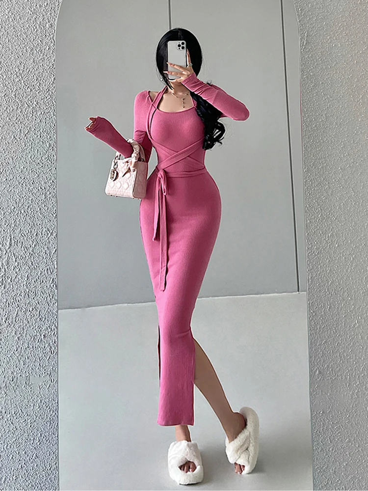 

dresses for women 2023 Autumn and winter knitted long dress sexy lace-up waist slit mid-length dress women's long-sleeved tight