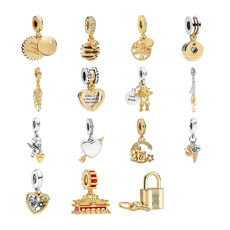 

18K Shine Gold Pendants For Women DIY Bracelets Love Heart Family Tree Bee Star Padlock Key Feather Charms 925 Silver Jewelry