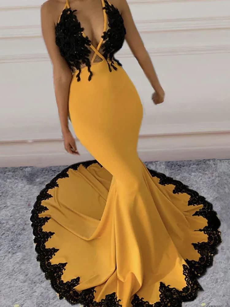 

Женское официальное платье с длинным шлейфом и V-образным вырезом