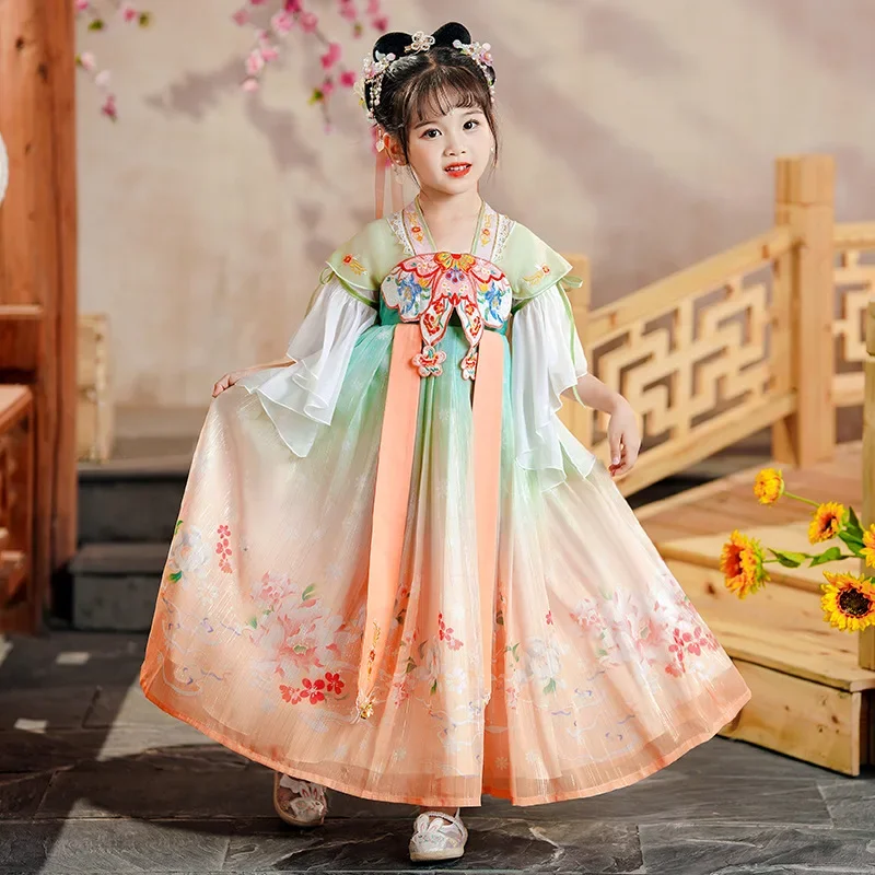 

Женское платье принцессы Hanfu, костюм Тан, летний модный костюм в китайском стиле с V-образным вырезом, расклешенными рукавами, вышивкой, пэчворк, старинный костюм