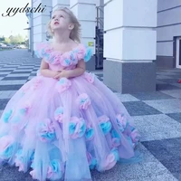 2022 pink flower girls dress tulle appliques ball gown formal princess girl dresses for weddings first communion dress