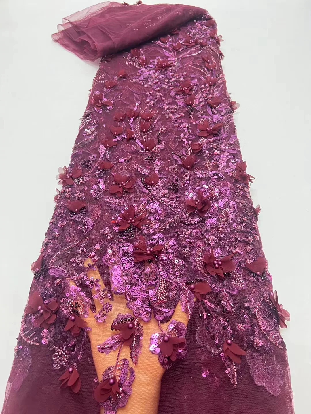 Новейшая французская кружевная ткань 2024 с 3D вышивкой цветочными блестками