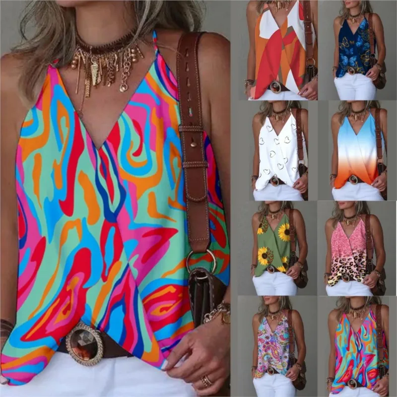 

Sexy Suspender Printed V-neck Sleeveless Vest Top Summer Women Casual Loose Chiffon Shirt Blusas Femininas Bonitas Blouse Femme