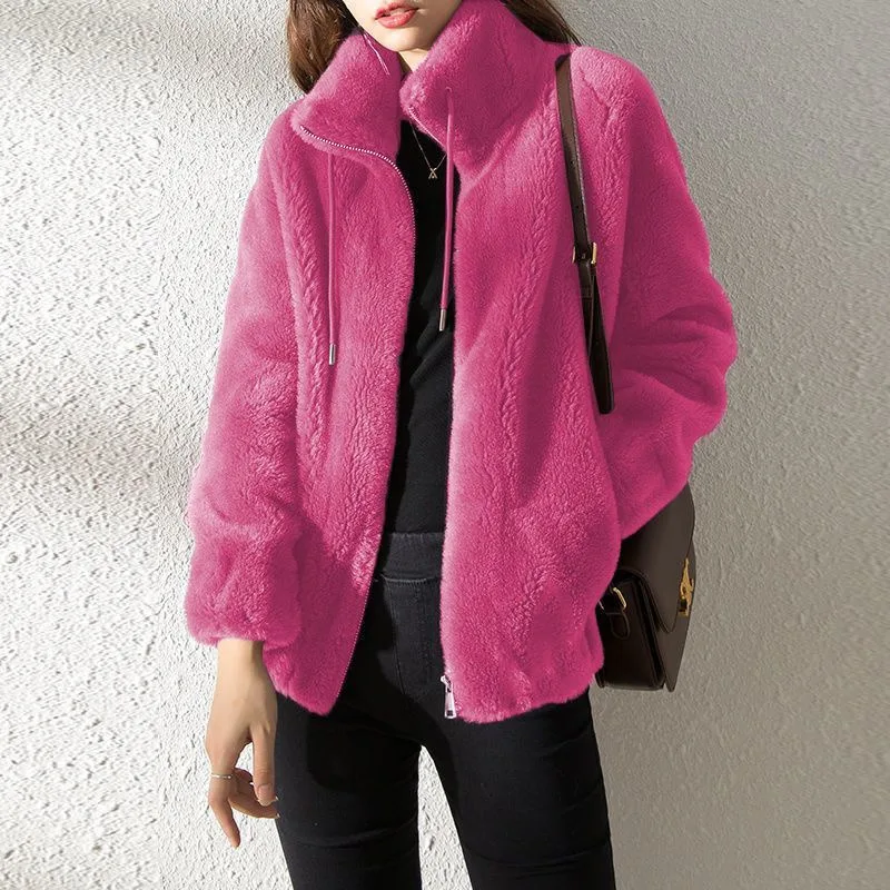 2022 Winter Women's High Quality Plush Thick Warm Faux Fur Coat Casual Loose Stand Collar OverCoat Female Zip Up Cardigan Jacket