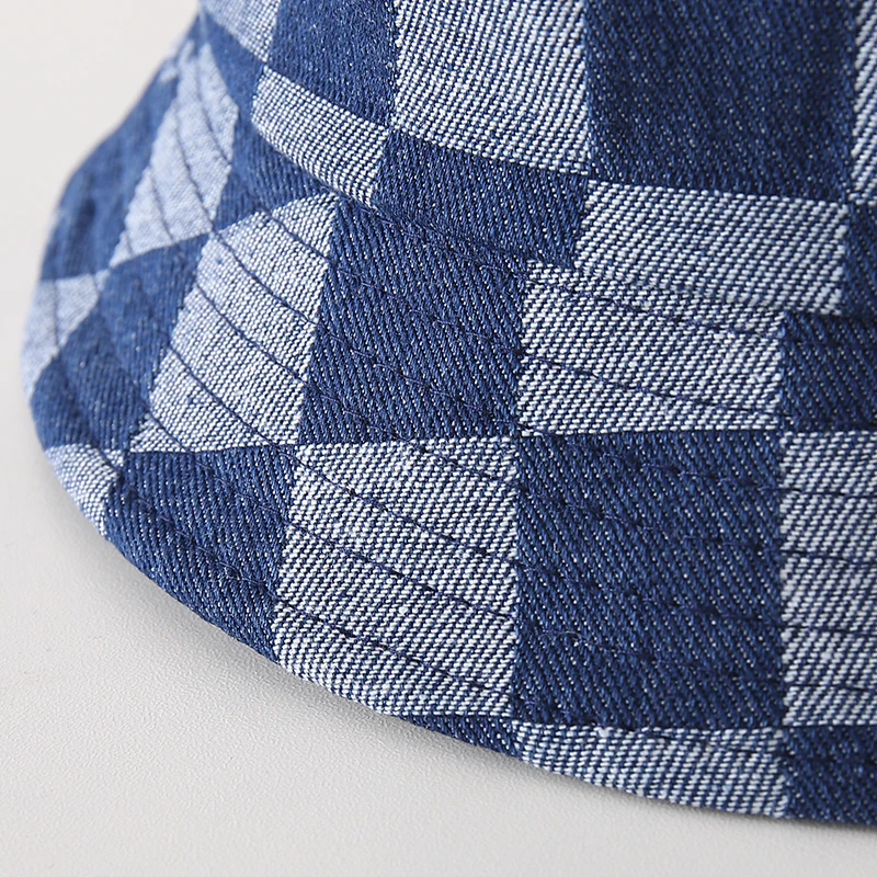 Foldable Washed Denim Kids Bucket Hat Vintage Plaid Sun Cap Summer Fisherman Hat Children Boys Girls Sunshade Baby Hat images - 6