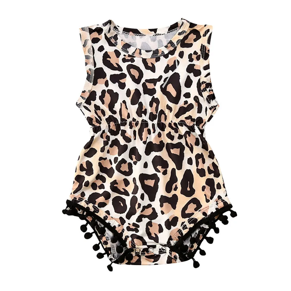 

Baby Girls Summer Sleeveless Romper Round Collar High Waist Tassel Leopard Jumpsuit Infant Cute Pom Pom Bodysuits Clothes