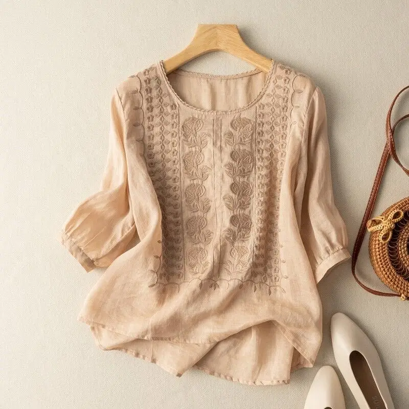 

Breathable Cotton Linen Ramie Embroidery Loose Retro Women's T-shirt Summer Thin Tops Tees Tops Casual