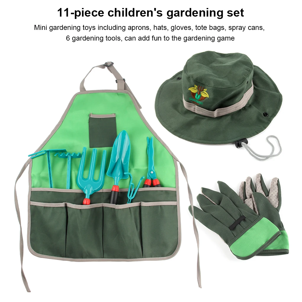 

11 Pcs Kids Gardening Tool Set Planting Dress Up Apron Hat Bag Toy