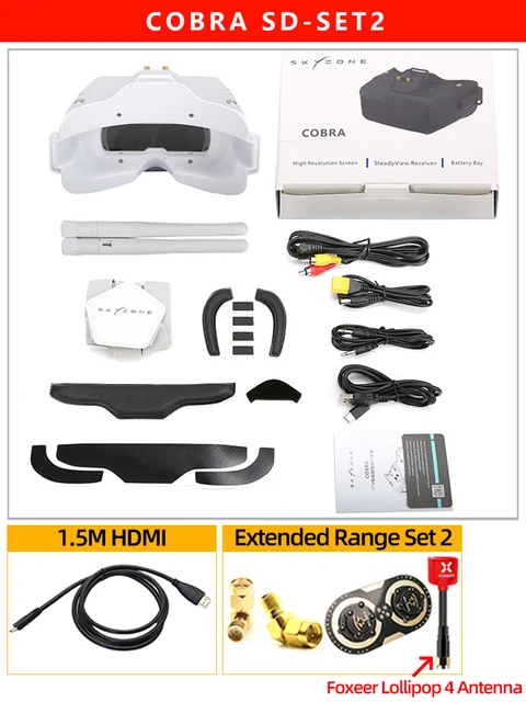 Skyzone Eachine Cobra SD with Diversity Receiver White + HDMI cable + Maple patch antenna + Lollipop 4