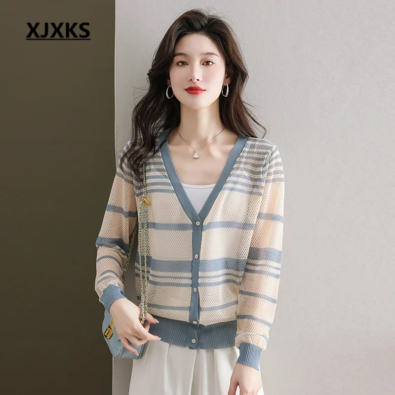 

XJXKS Fashion V-neck Spring And Autumn Single-breasted Cardigan Women's Jacket 2023 Summer New Hollow Sun Protection Clothing
