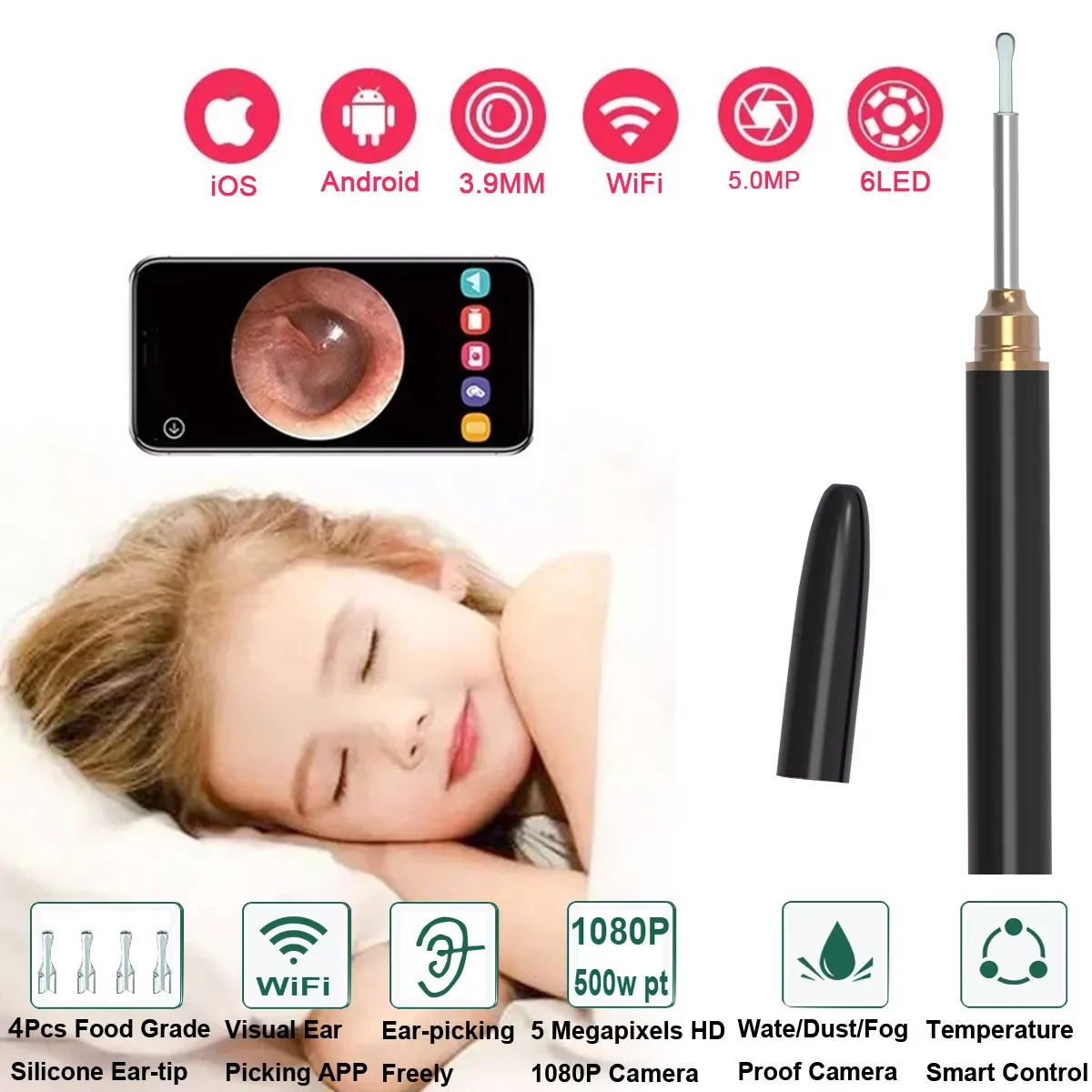 

Wireless WiFi Earpick Otoscope 3.5mm Mini Camera Borescope Luminous Visual Nose Oral Inspection Endoscope for Android iOS