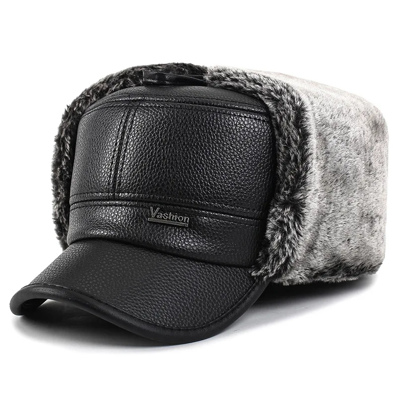 

Man Autumn Black Pu Adjustable Hats Male Winter Velvet Thick Warm Caps Men Thick Protection Ear Hat