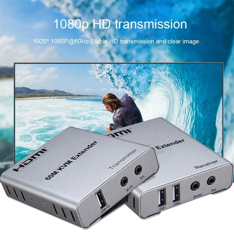 USB KVM HDMI-удлинитель по CAT5E6 RJ45, 60 м, 1080p, 60 Гц, HDMI-передатчик-приемник с ИК-управлением для подключения ПК к телевизорумонитору (art.: 3920dbd2c9b1e) - 3920dbd2c9b1e