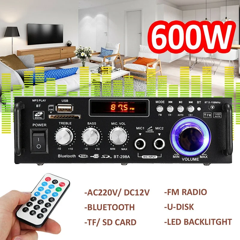 Фото Цифровой стереофонический усилитель мощности HIFI 300Вт+300Вт BT-298A с Bluetooth, 12В/220В №4