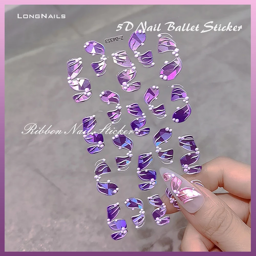

1pcs Unique Japanese Ribbon Nail Stickers 5D Aurora Holo Resemble Ballet Pearl Finger Decals Self-Adhesive Nail Art Stickers 7*9