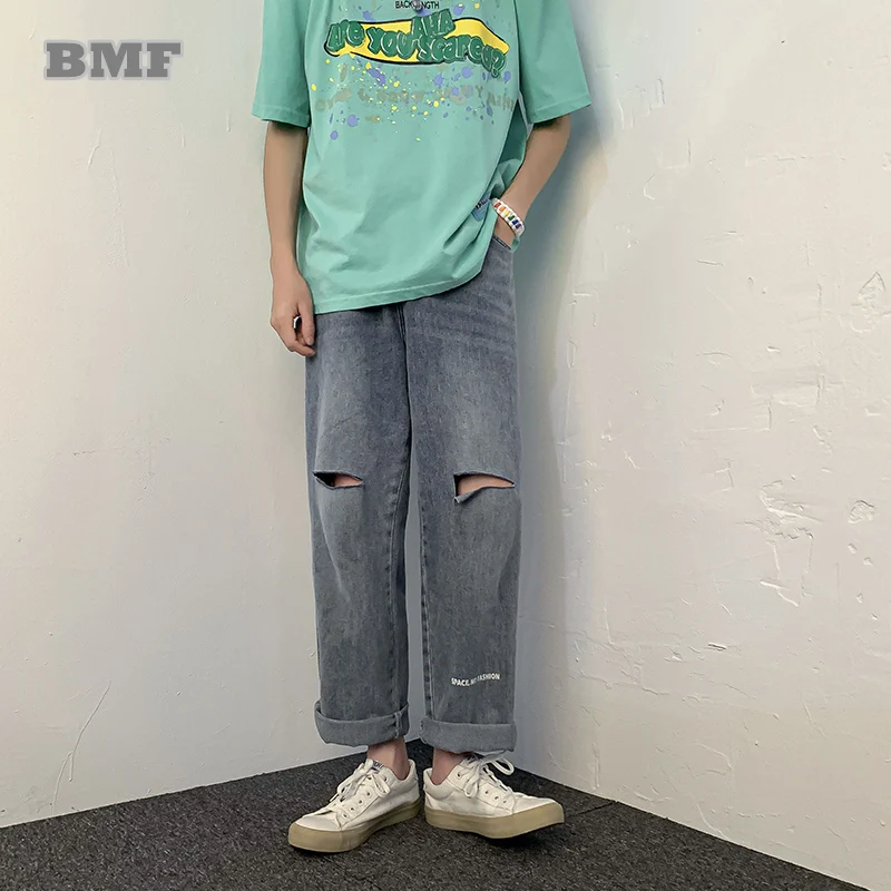 

2022 Korean Style Streetwear Ripped Jeans Loose Straight Cropped Trousers Harajuku Plus Size Couple Casual Pants Men Clothing
