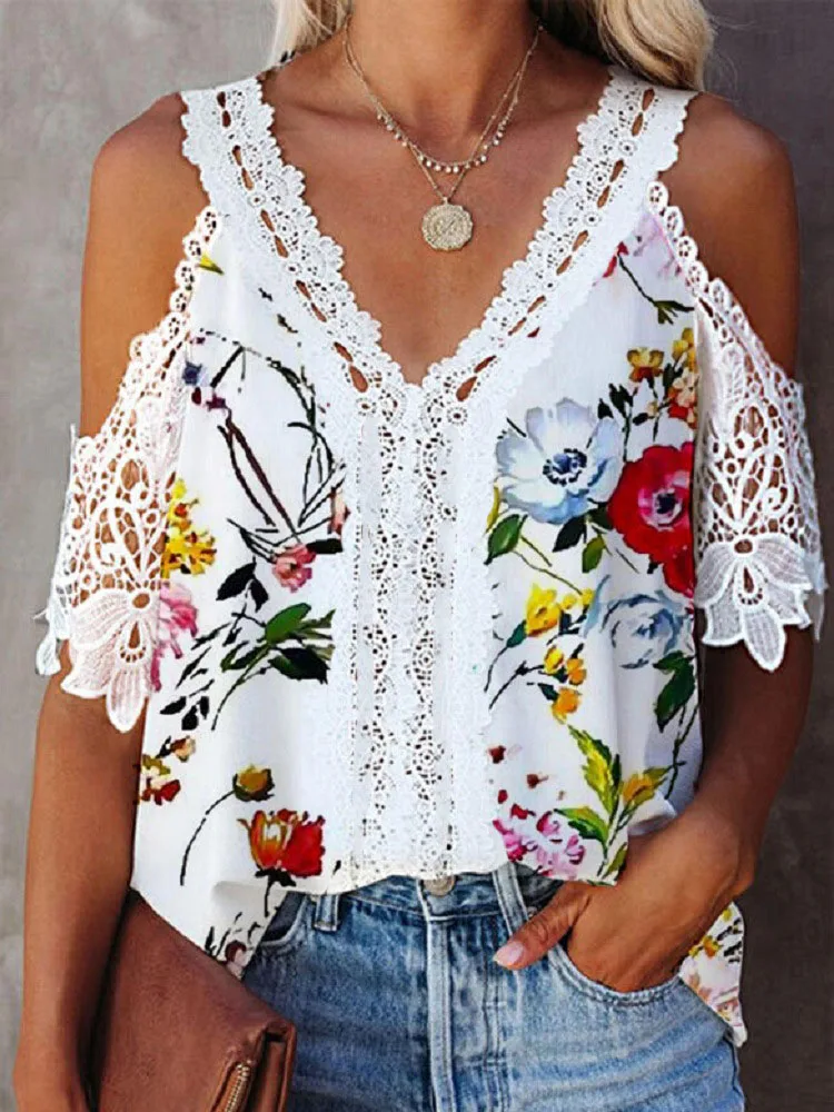 Women Fashion Ladies V Neck Pullover Tops Shirts Elegant Floral Print Off Shoulder Blouse Sexy Embroidery Hollow Suspenders Tops