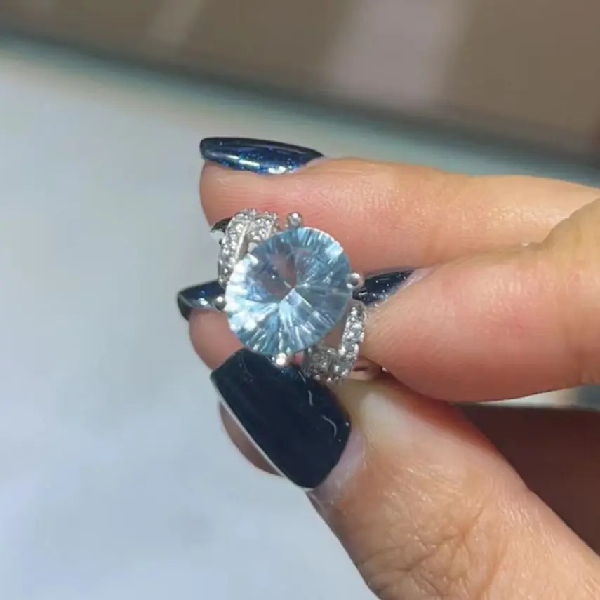 

Real Natural Aquamarine Ring Oval 10x12mm 925 Silver Wedding Ring White Gold Plated for Christmas Gift Adjustable Rings Size