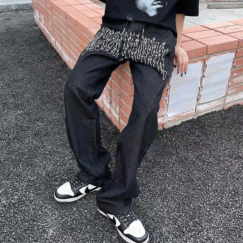 2022 New Fashion Flame Letter Print Streetwear Men Baggy Jeans Pants Straight Hip Hop Black Loose Women Denim Trousers Pantalon