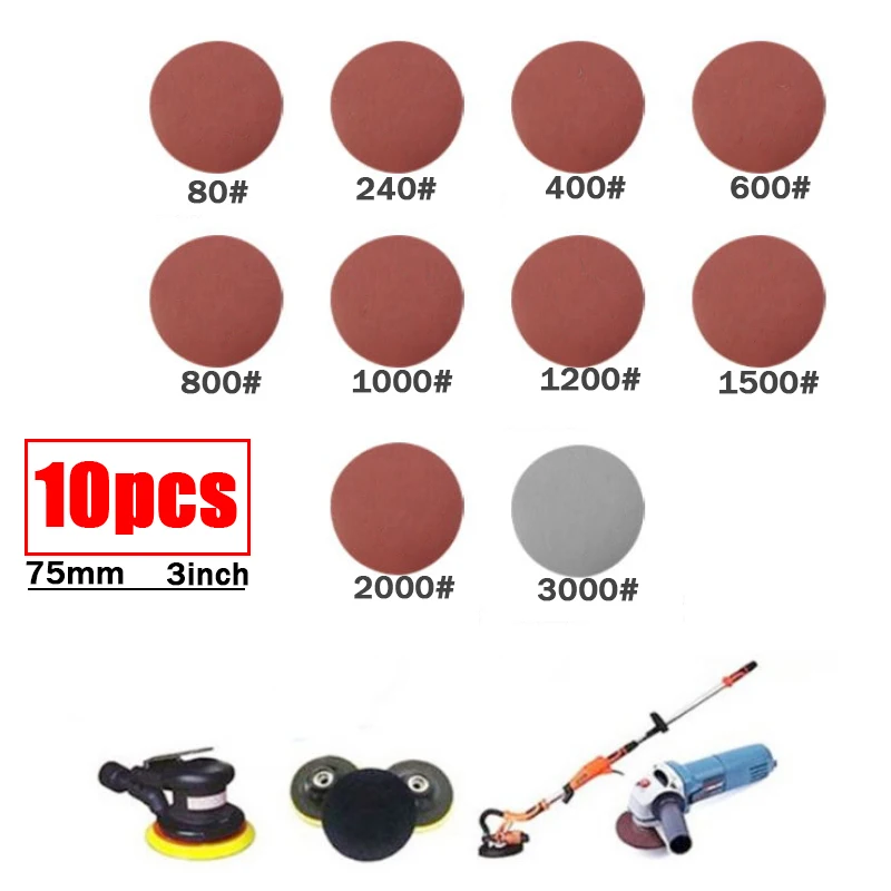

10pcs 3 Inch 75mm Sandpaper Sanding Disc for Metal Auto Wood Car Wheel Restoration Sanding Polishing Kit P800 P1200 P2000 P3000