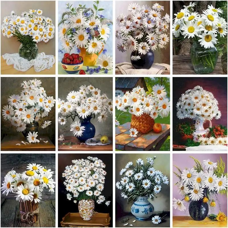 

CHENISTORY 5d Diamond Art Painting Kits White Flower Diamond Embroidery Mosaic Daisy Picture Of Rhinestones Home Decoration