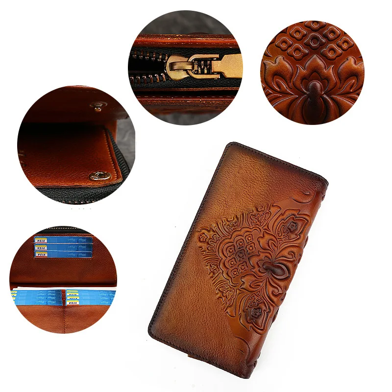Women Wallet Retro Genuine Leather Purse Vintage Ladies Chinese Style Flowers Embossed Card Holder Female Luxury Clutch Bag Gift