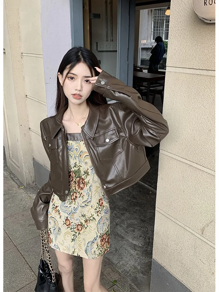 

Two Piece Sets Womens Outifits 2023 Ropa Mujer Chic PU Long Sleeve Crop Coat Floral Sling Dresses Suit Roupas Femme Korean Set