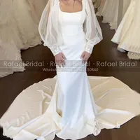Chapel Train Mermaid Wedding Dress With Long Bishop Sleeves Square Neck Illusion Trumpet Bridal Dresses