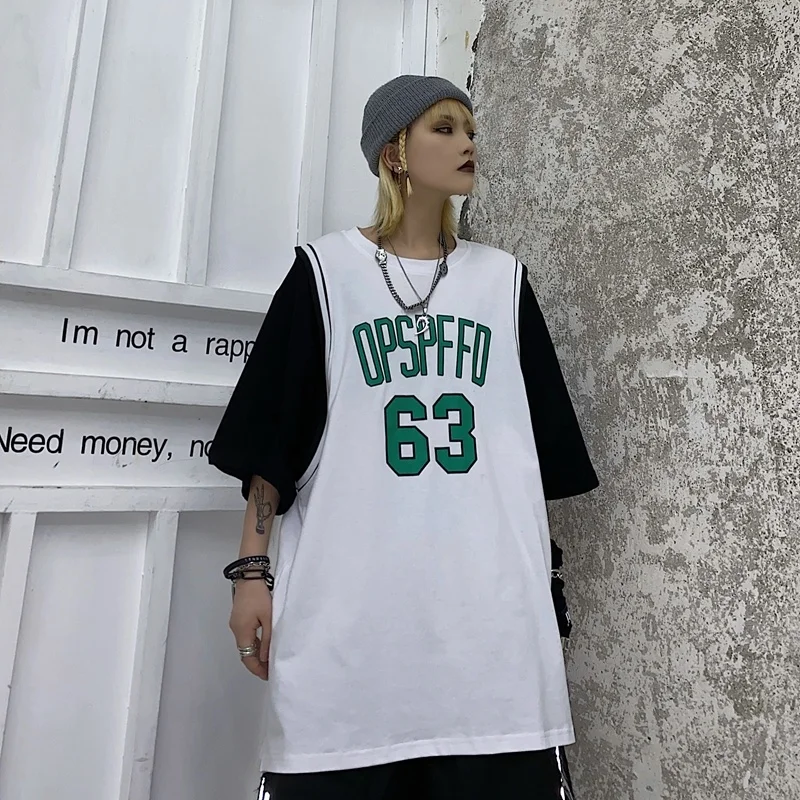 

Fake Two Piece Short Sleeve T-shirt Women's Summer Harajuku Ins Trend Number Letter Print Oversize Loose Bottomed Top
