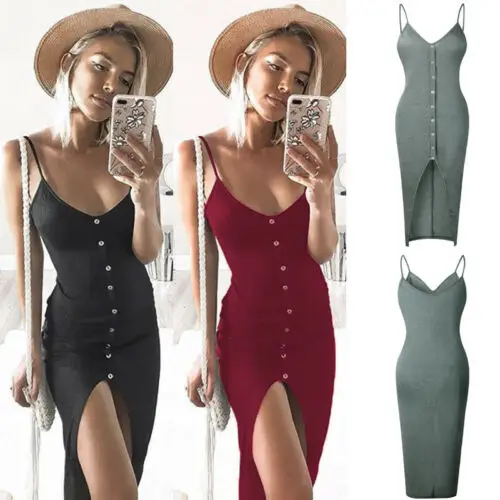 

Fashion Womens Sleeveless Strappy Tank Dress Slim Rib Knit Button Split Party Midi Dress Summer