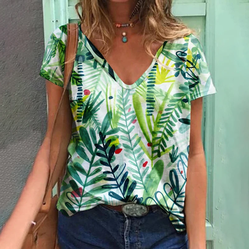 

2023 Summer Fashion Printed T-shirt Top Women's Casual V Neck Floral Vintage Short-sleeved Buttons Loose Y2k Pullover Tee Shirt