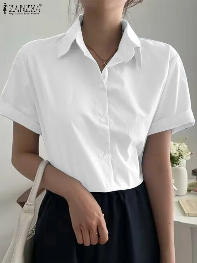 

Korean Fashion Summer Blouse ZANZEA Women Stylish Lapel Neck Buttons Down Top Holiday Work Blusa Casual Short Sleeve Solid Shirt