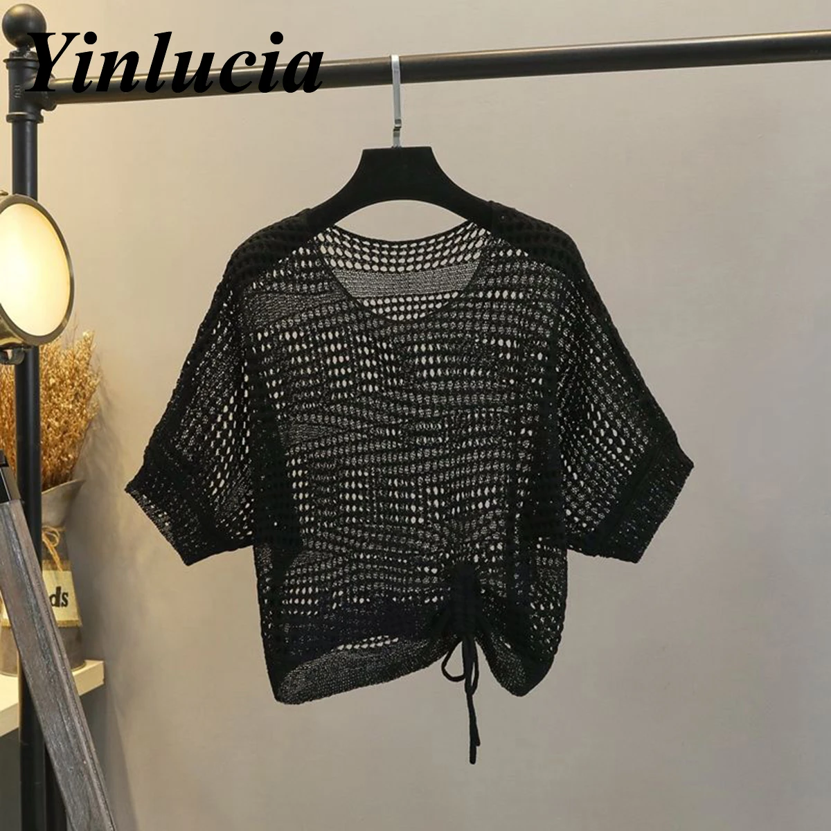 

Tops Women Blouses Knitted Openwork Fishnet Tee Drawstring Design Perspective T Shirt Street All-Match Y2K Vintage Summer Casual
