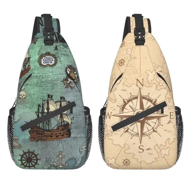 

Casual Nautical Compass Sailor Sling Bags for Cycling Camping Men Vintage Pirate's Map Chest Crossbody Backpack Shoulder Daypack