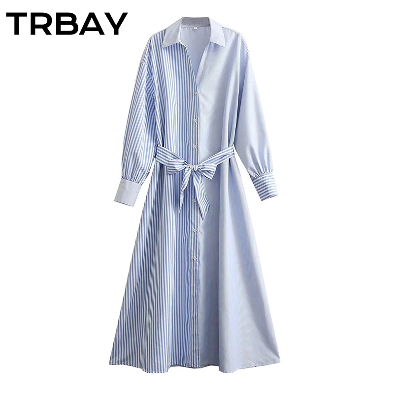 

Платье-макси в полоску, с отложным воротником, на шнуровке