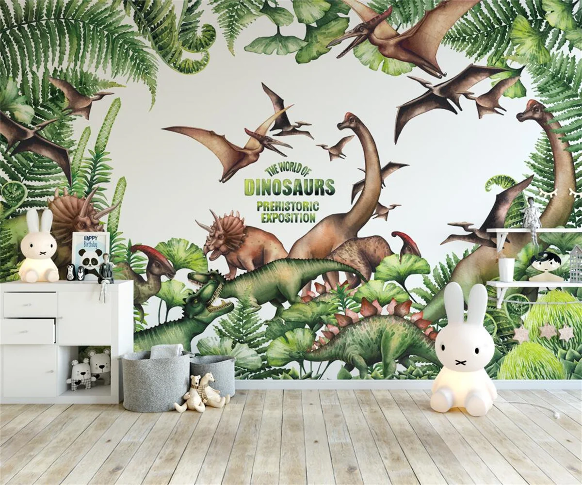 Carta da parati 3d della parete del fondo della stanza dei bambini di età del dinosauro del fumetto delle piante tropicali dipinte a mano di stile nordico