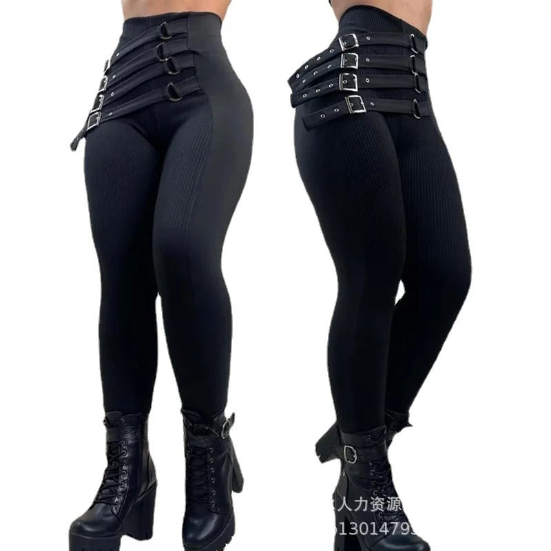 

2023 Women's New Black High-waisted Button Decoration Slim Pants with Hip Lift