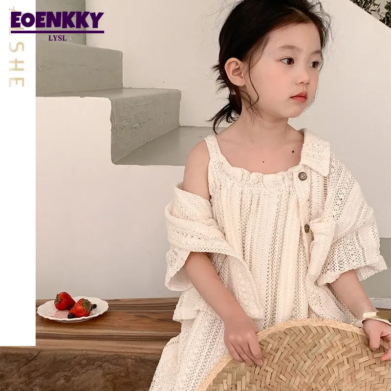 

Весенне-летний костюм для девочек, новое платье, детское трикотажное однотонное милое корейское платье-комбинация + пальто с рукавом до локтя, дышащий комплект одежды 2023