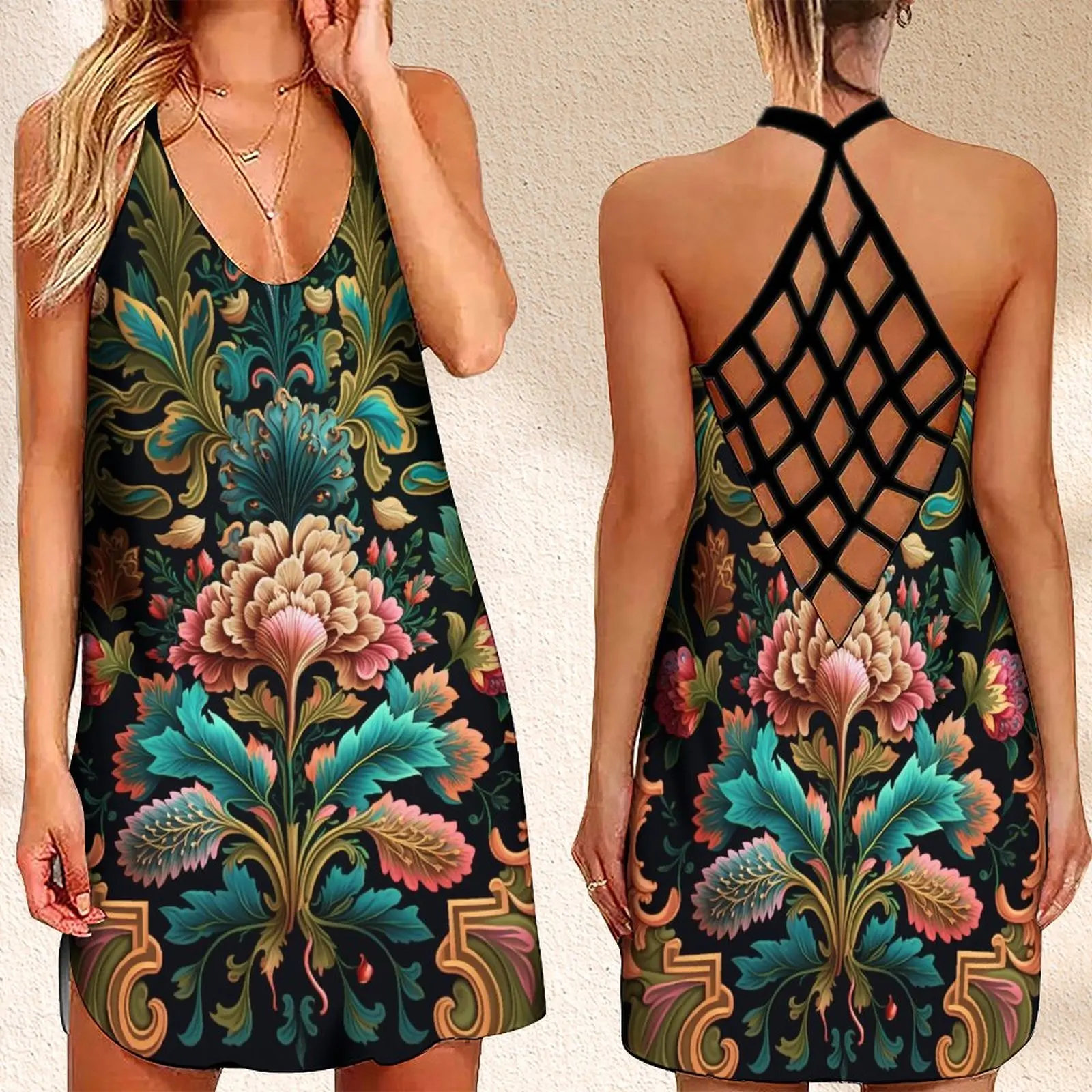 

Женское платье с открытой спиной, короткое платье без рукавов с цветочным принтом в стиле барокко
