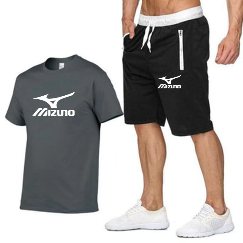 MIZUNO Men T-shirt Set Summer Latest Sportswear Suit Polyester Printed T-shirt + shorts Quick dry Run Men's Suit 2-piece Set