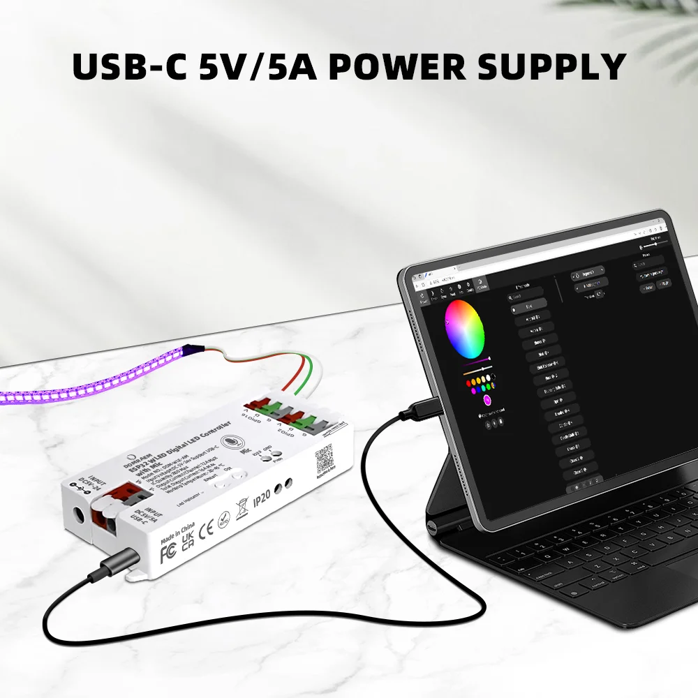Фото Контроллер светодиодных лент DOMRAEM WLED ESP32 с музыкальным микрофоном USB-C 5 В Plug Play 2 выхода 16 А Макс. домашний помощник WS2811 WS2812B SK6812 №2