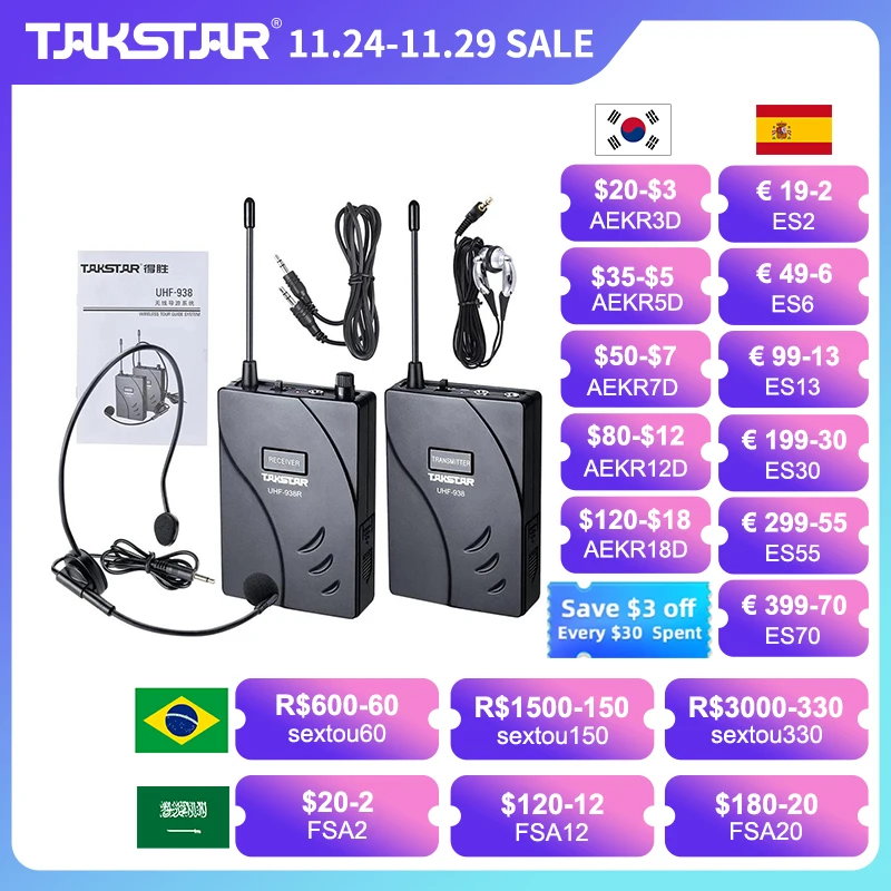 

Беспроводная система туристического гида Takstar UHF-938/ UHF 938 UHF, Диапазон действия 50 м, 1 передатчик + 1 приемник для гида