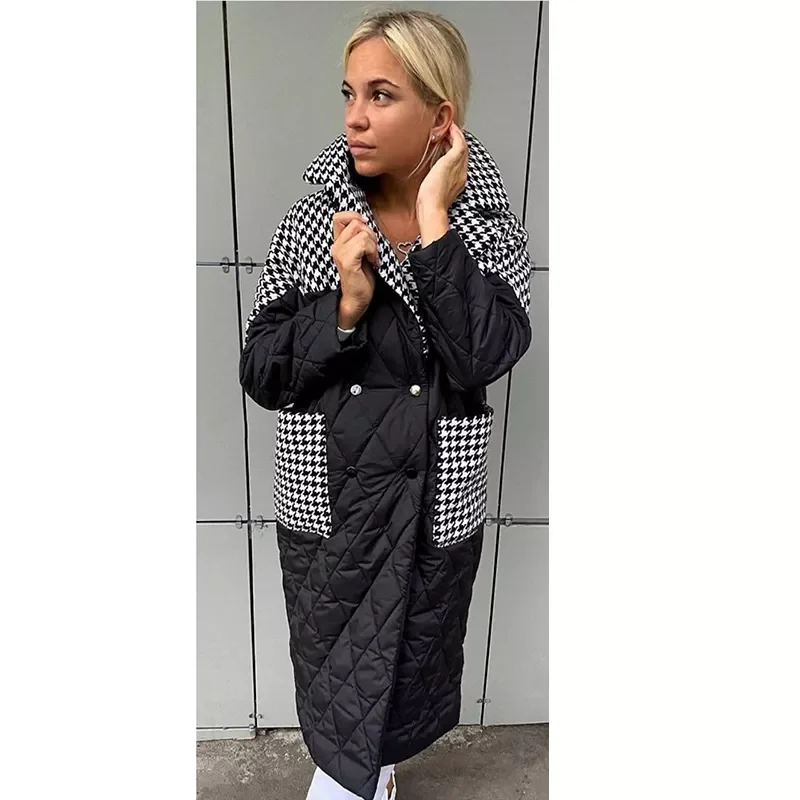New2022 Turn Down Collar Parkas Women Fashion Patchwork Houndstooth Coats Women Elegant Loose Long Cotton Jacket Female Ladies J