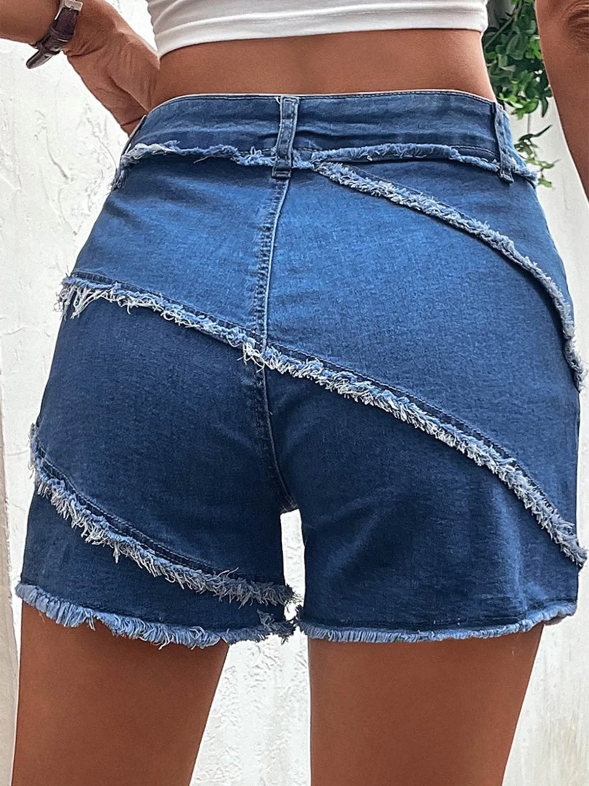 Summer Pocket Button Frayed Hem Denim Shorts Women Harem Ruffled Blue High Waisted Shorts Female Elastic Short Jeans