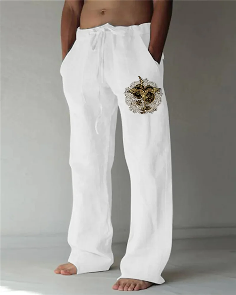 

Men Baggy Cotton Linen Pants Casual Pocket Wide Leg Pant Full Length Drawstring Man Sport Pants Plus Size Loose Pants Streetwear