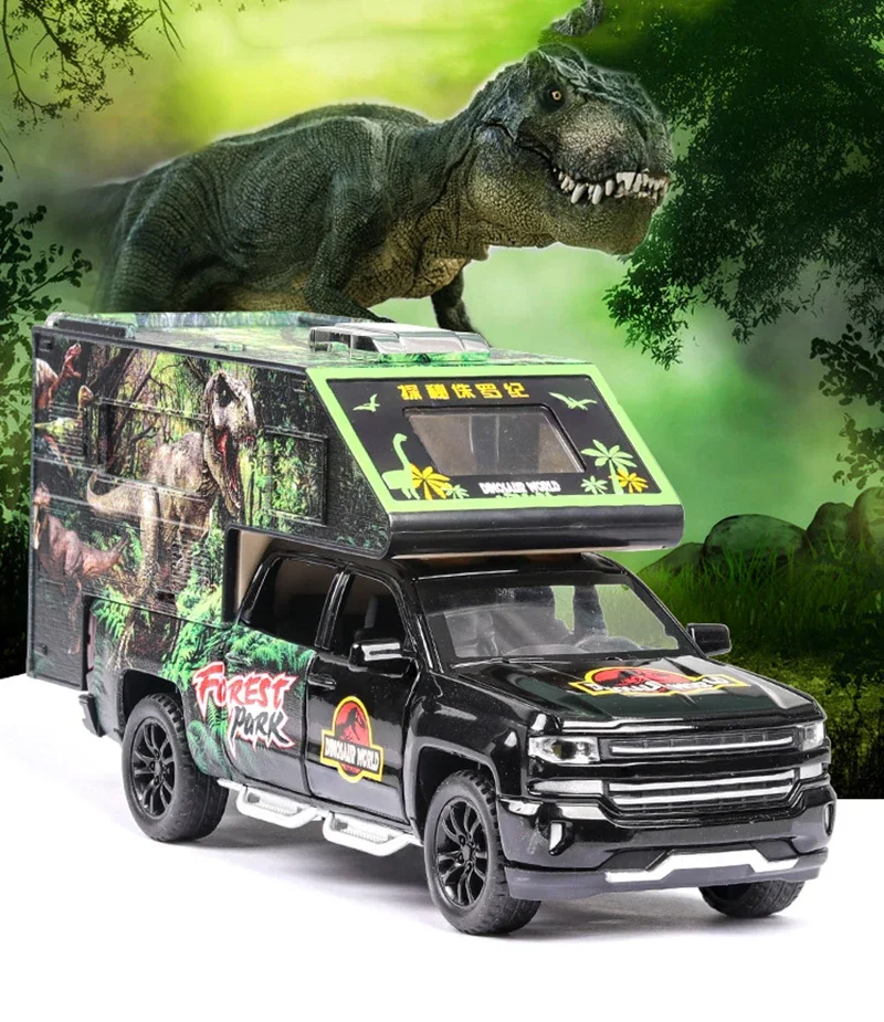 

1:32 Chevrolet Jurassic Dinosaurs World Transport Truck Model Diecasts car Toys Alloy Auto With Pull Back Wheels Car Gifts A347